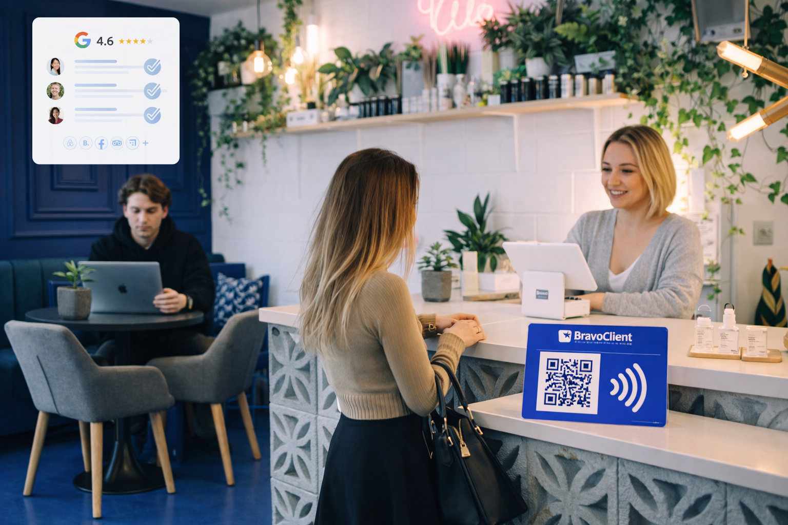 A woman with long hair holding a black handbag stands at a counter where a smiling cashier uses a tablet; another man works on a laptop at a nearby table.