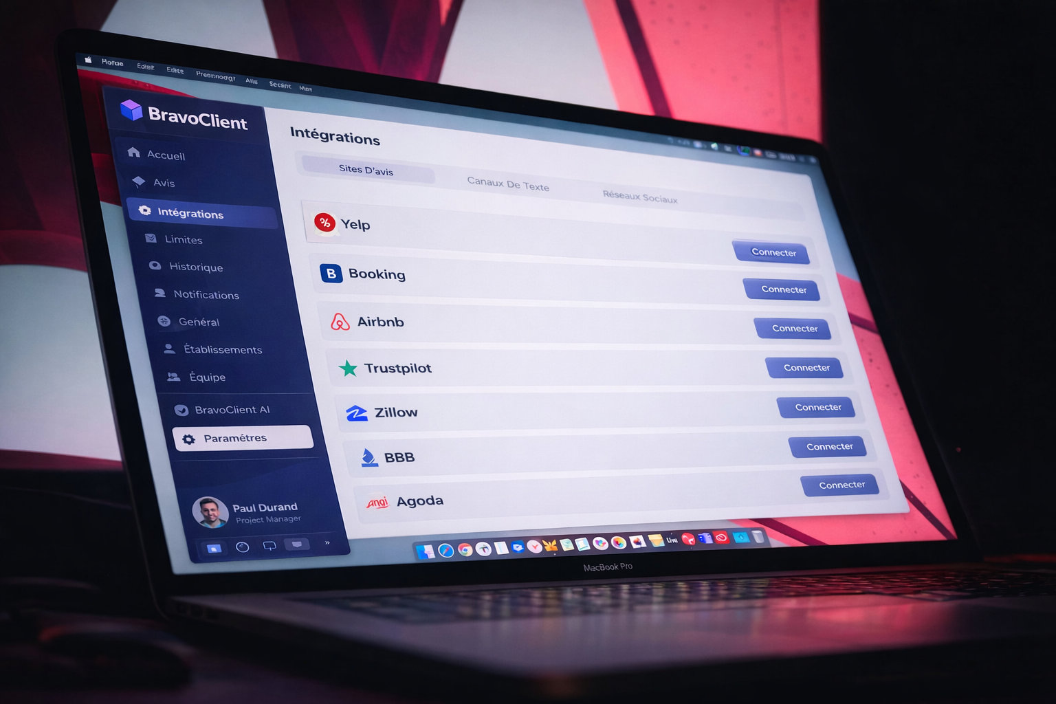 Laptop screen showing BravoClient software integrations page with options to connect Yelp, Booking, Airbnb, Trustpilot, Zillow, BBB, and Agoda accounts.